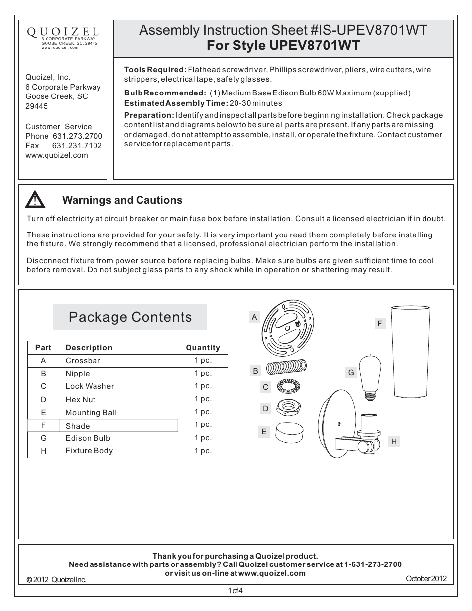 Quoizel UPEV8701WT Uptown East Village User Manual | 4 pages