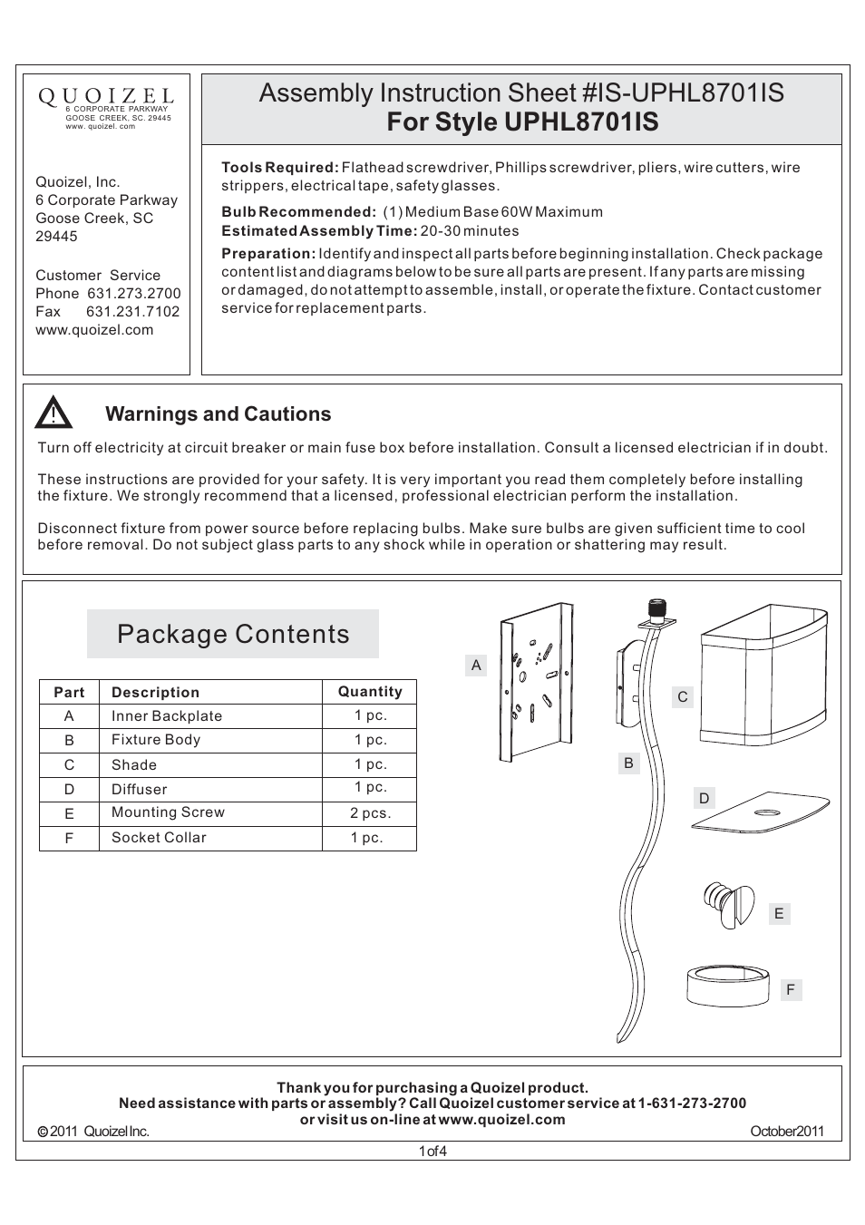 Quoizel UPHL8701IS Uptown Holita User Manual | 4 pages