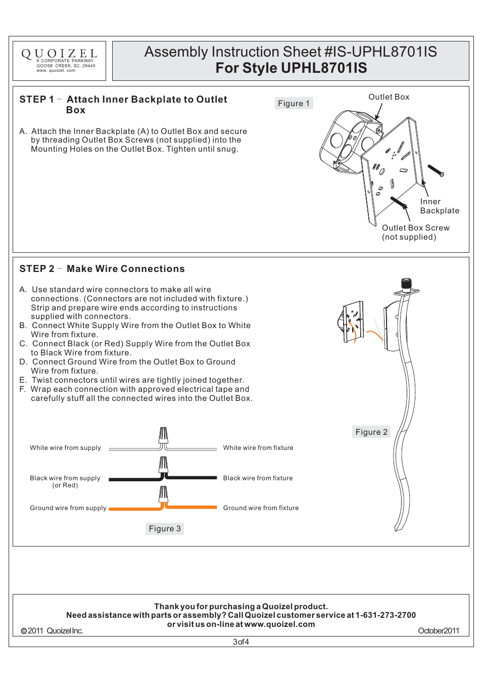 Step 1 - attach inner backplate to outlet box, Step 2 make wire connections | Quoizel UPHL8701IS Uptown Holita User Manual | Page 3 / 4