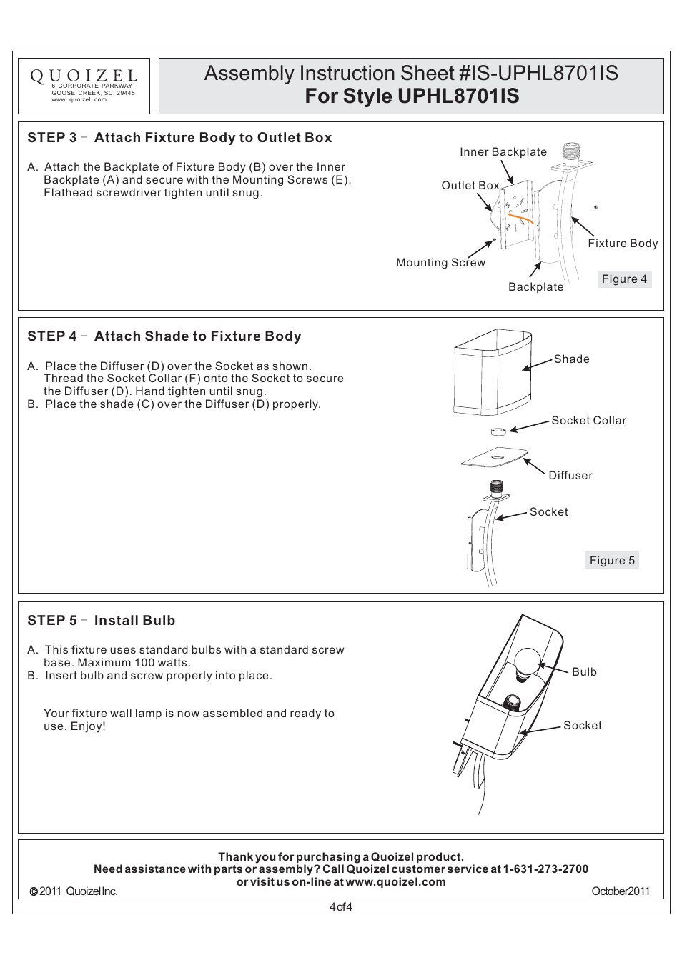 Quoizel UPHL8701IS Uptown Holita User Manual | Page 4 / 4