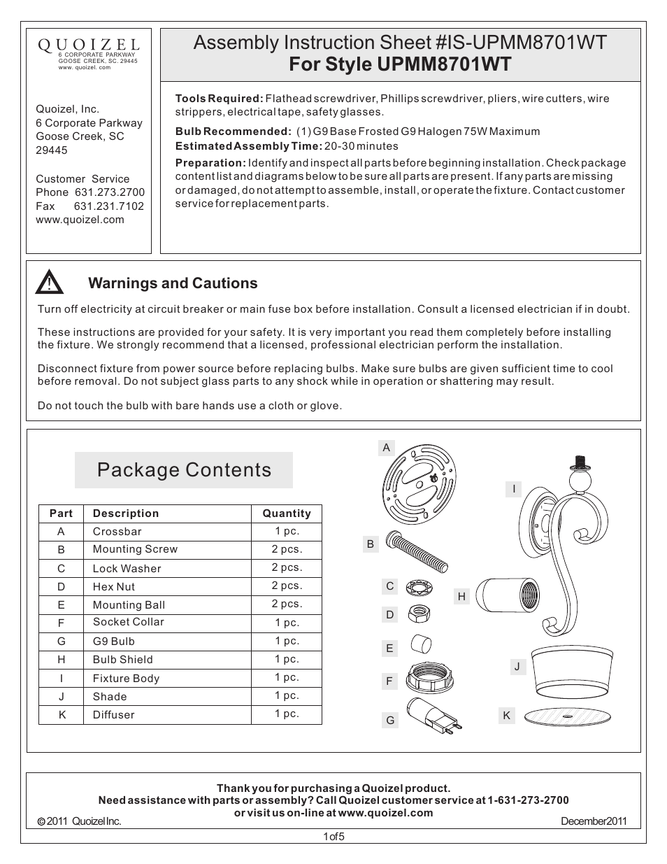 Quoizel UPMM8701WT Uptown Madison Manor User Manual | 5 pages