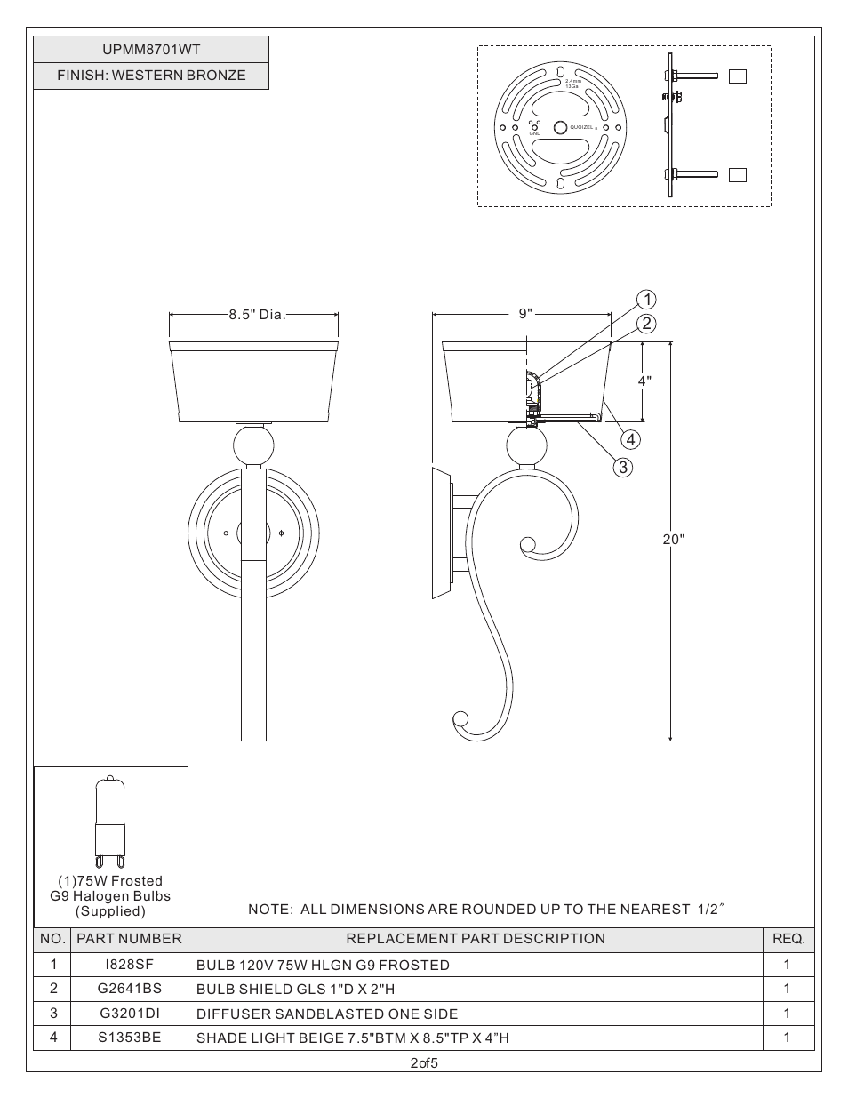 Quoizel UPMM8701WT Uptown Madison Manor User Manual | Page 2 / 5