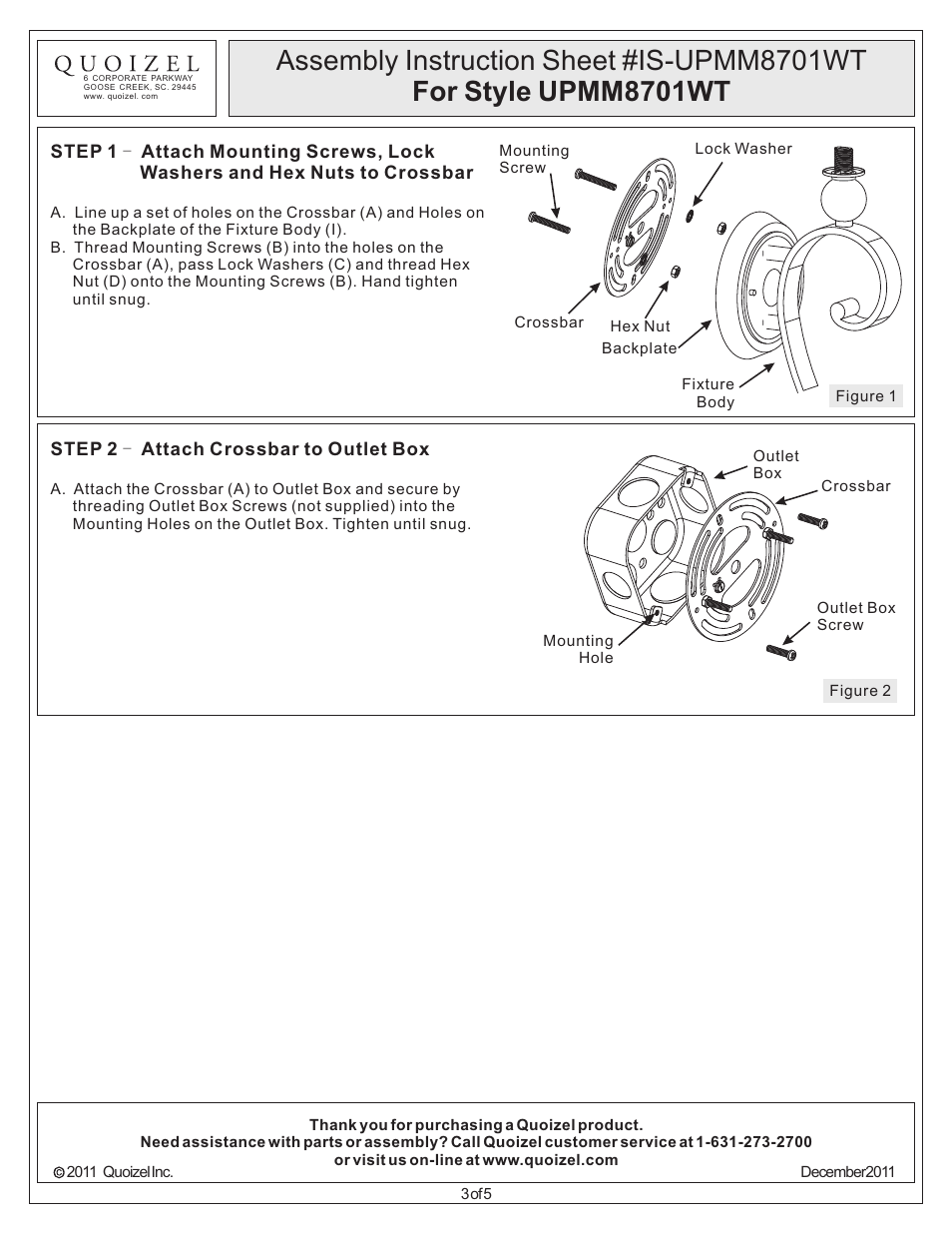 Quoizel UPMM8701WT Uptown Madison Manor User Manual | Page 3 / 5