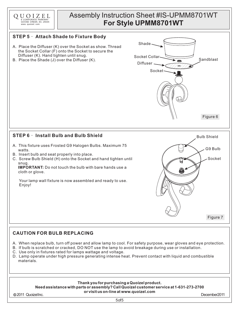 Quoizel UPMM8701WT Uptown Madison Manor User Manual | Page 5 / 5