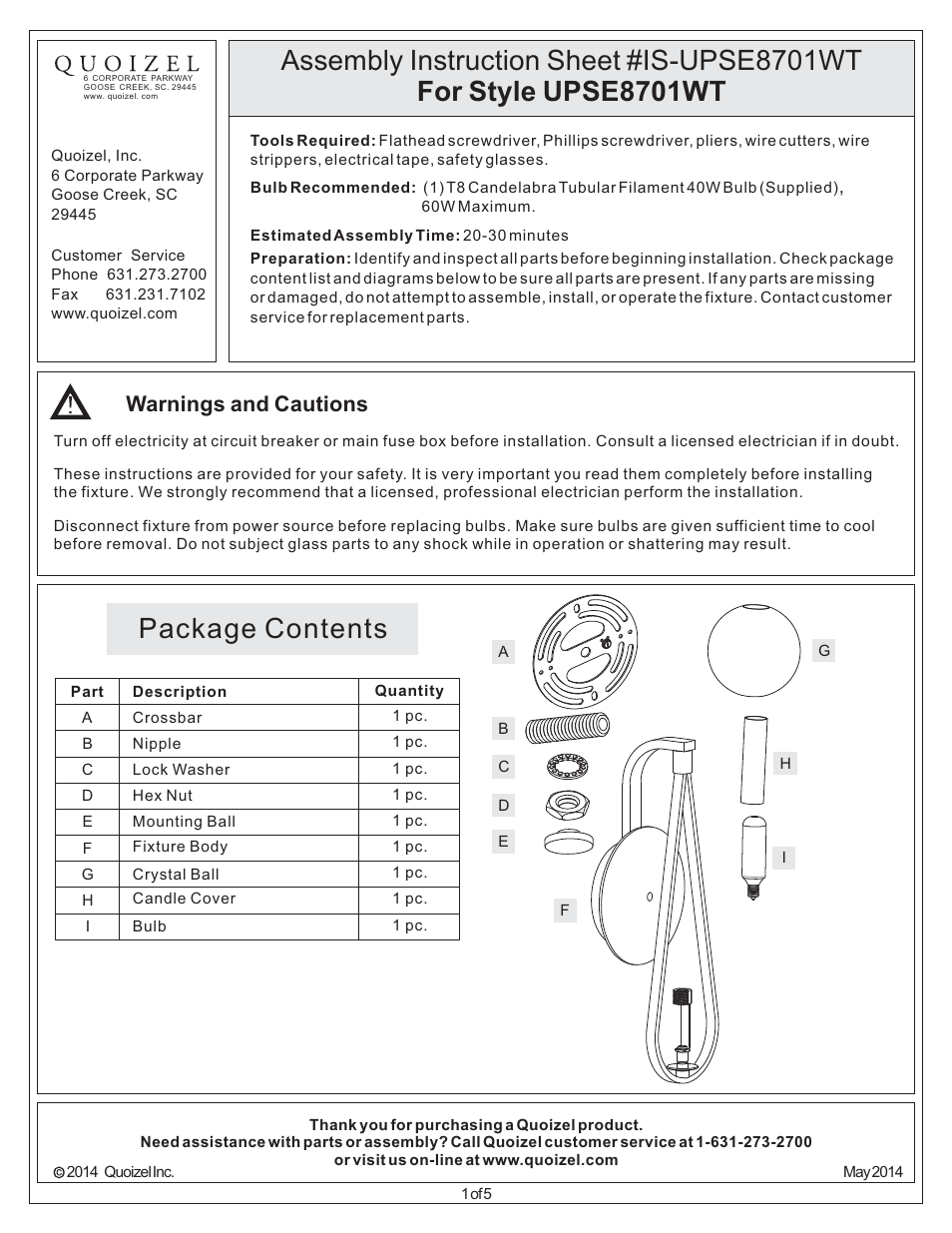 Quoizel UPSE8701WT Uptown Seaport User Manual | 5 pages