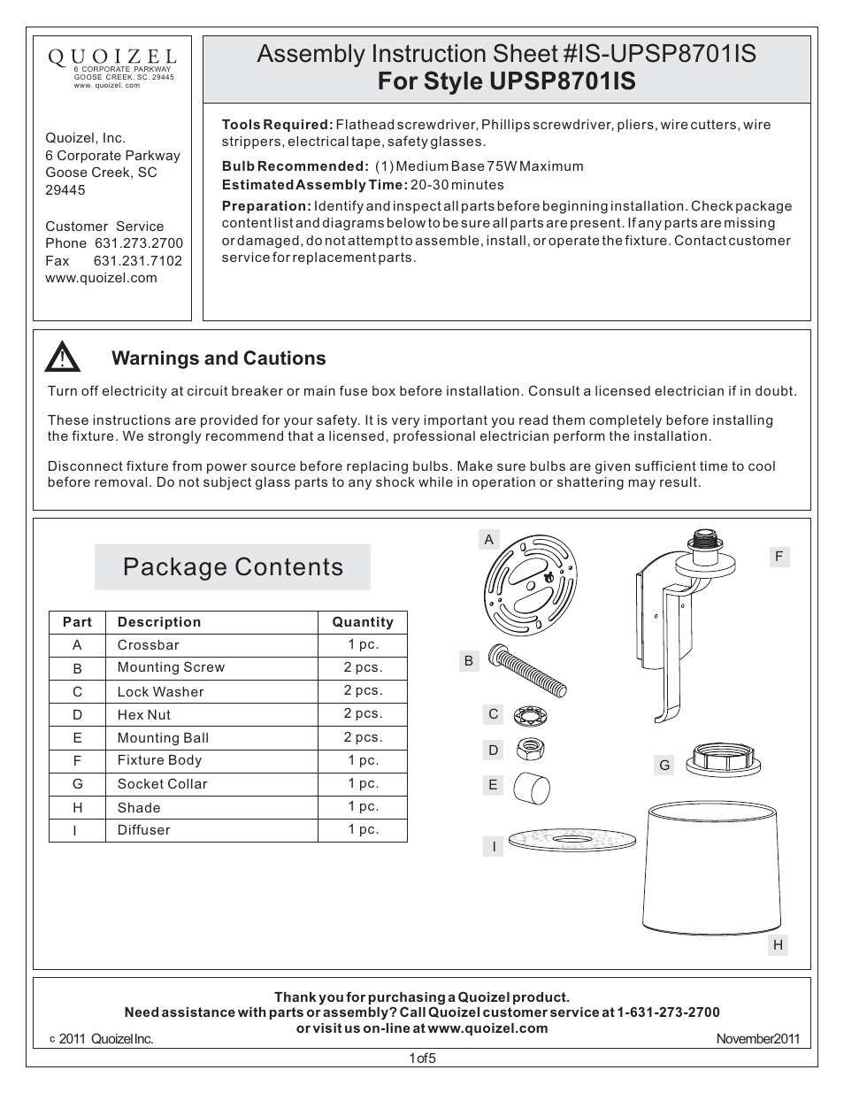 Quoizel UPSP8701IS Uptown Sutton Place User Manual | 5 pages