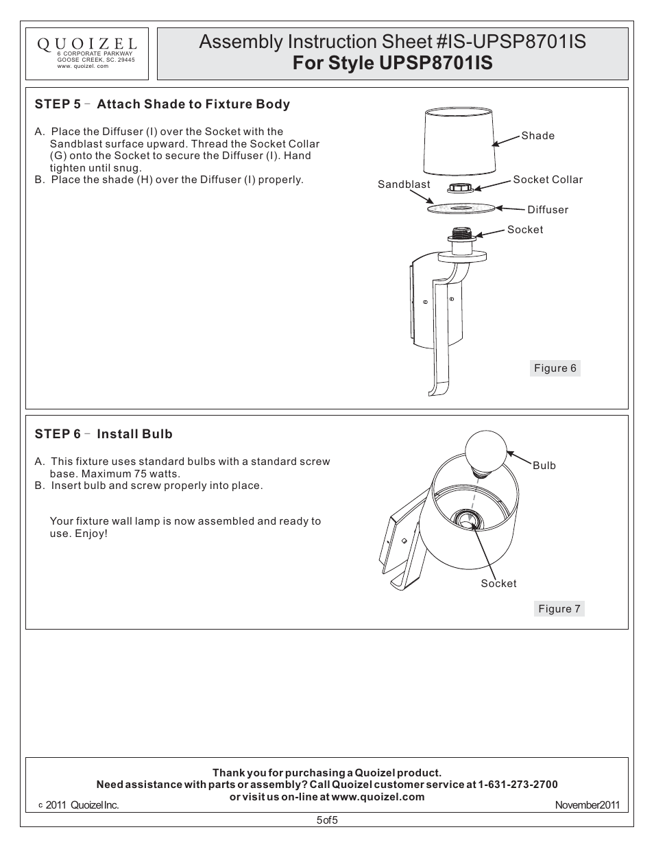 Quoizel UPSP8701IS Uptown Sutton Place User Manual | Page 5 / 5