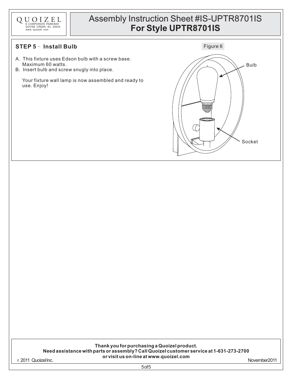 Quoizel UPTR8701IS Uptown Theater Row User Manual | Page 5 / 5