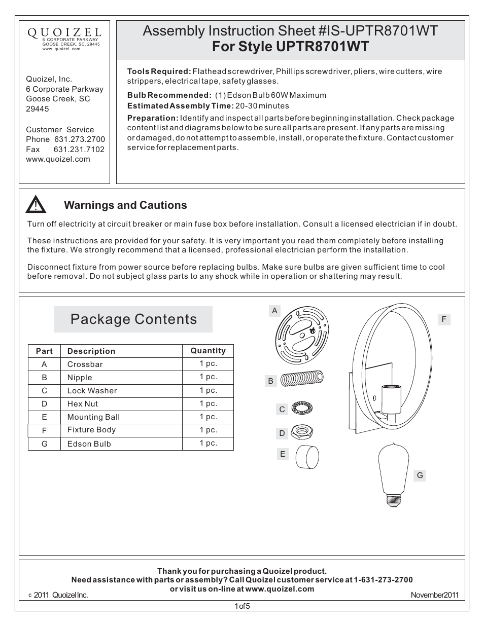 Quoizel UPTR8701WT Uptown Theater Row User Manual | 5 pages