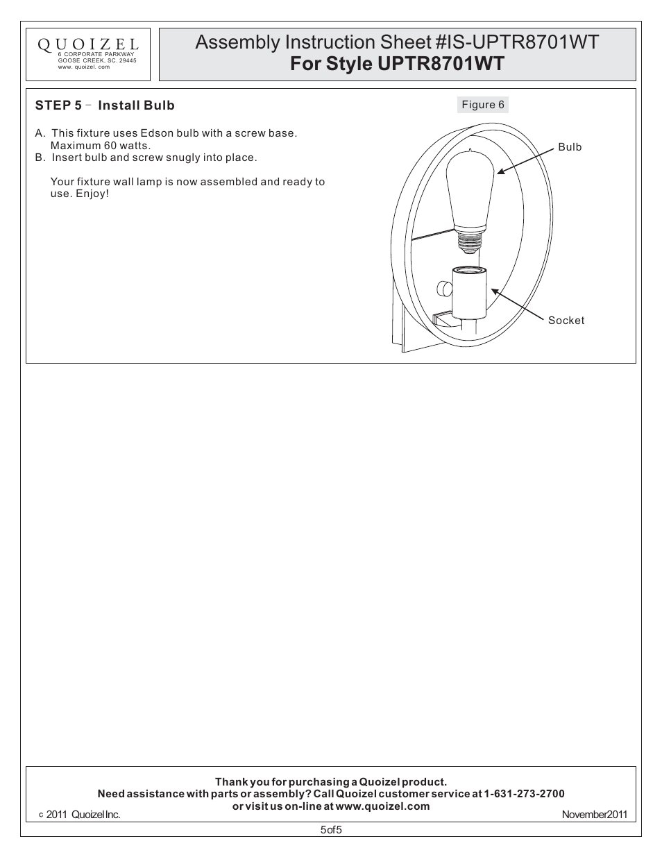 Quoizel UPTR8701WT Uptown Theater Row User Manual | Page 5 / 5