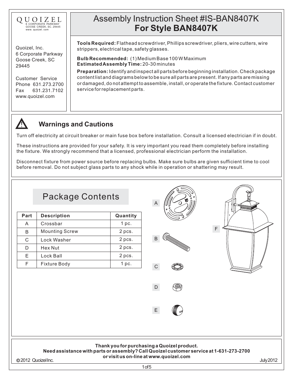 Quoizel BAN8407K Bain User Manual | 5 pages