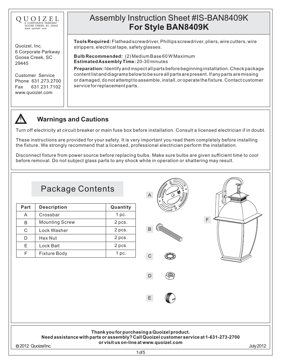 Quoizel BAN8409K Bain User Manual | 5 pages