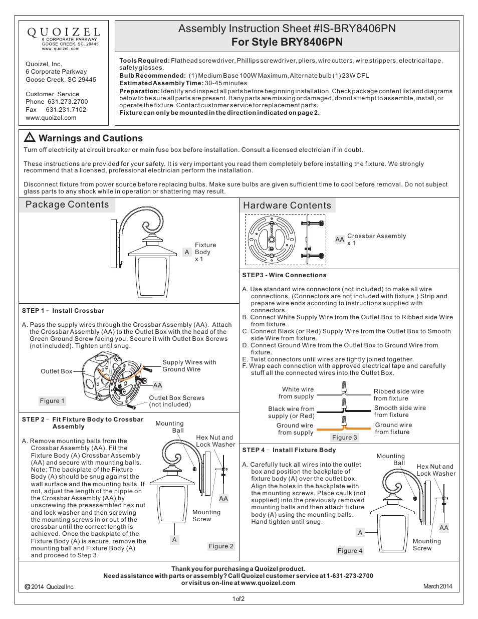 Quoizel BRY8406PN Bradley User Manual | 2 pages