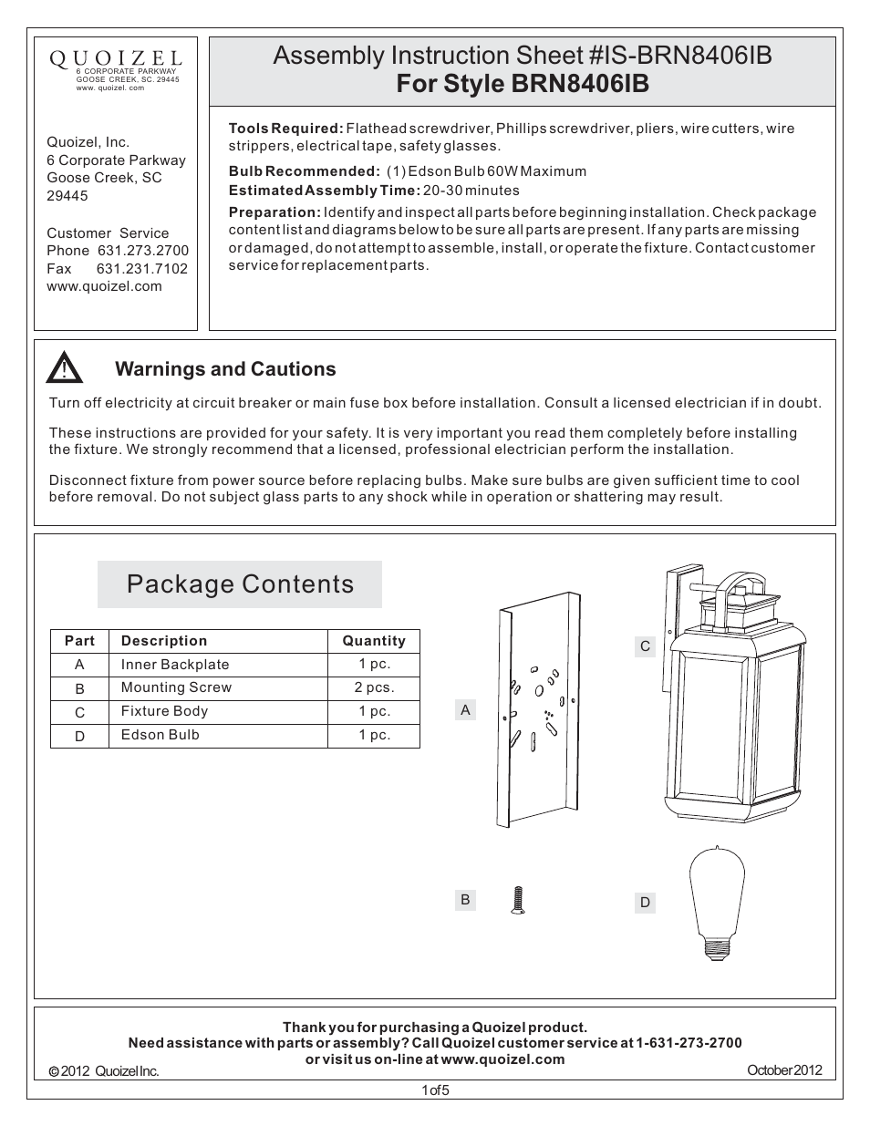 Quoizel BRN8406IB Byron User Manual | 5 pages