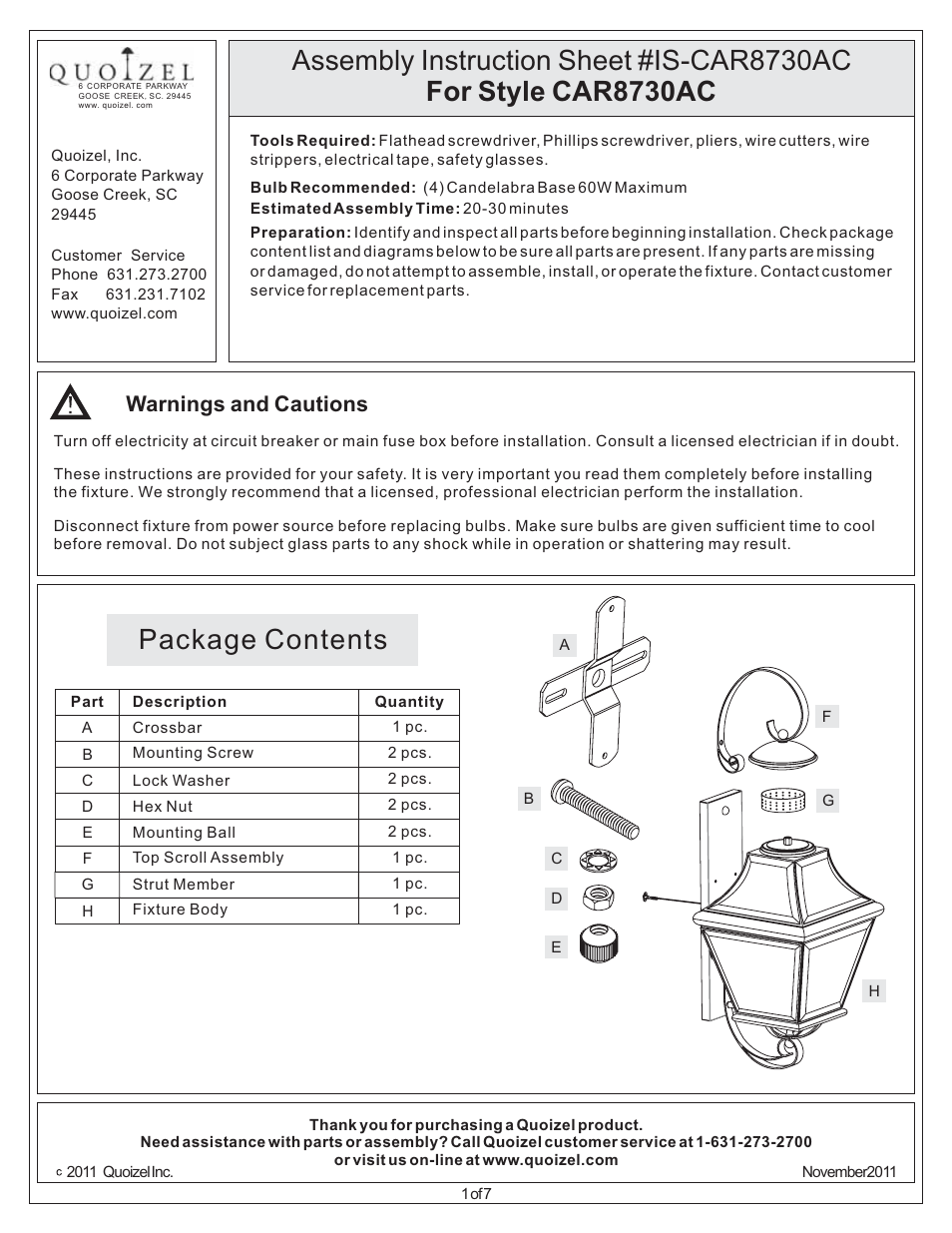 Quoizel CAR8730AC Carleton User Manual | 7 pages