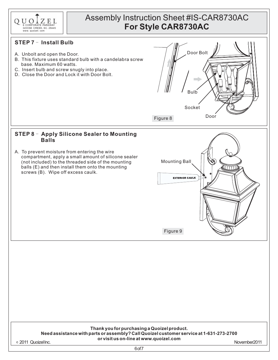 Quoizel CAR8730AC Carleton User Manual | Page 6 / 7