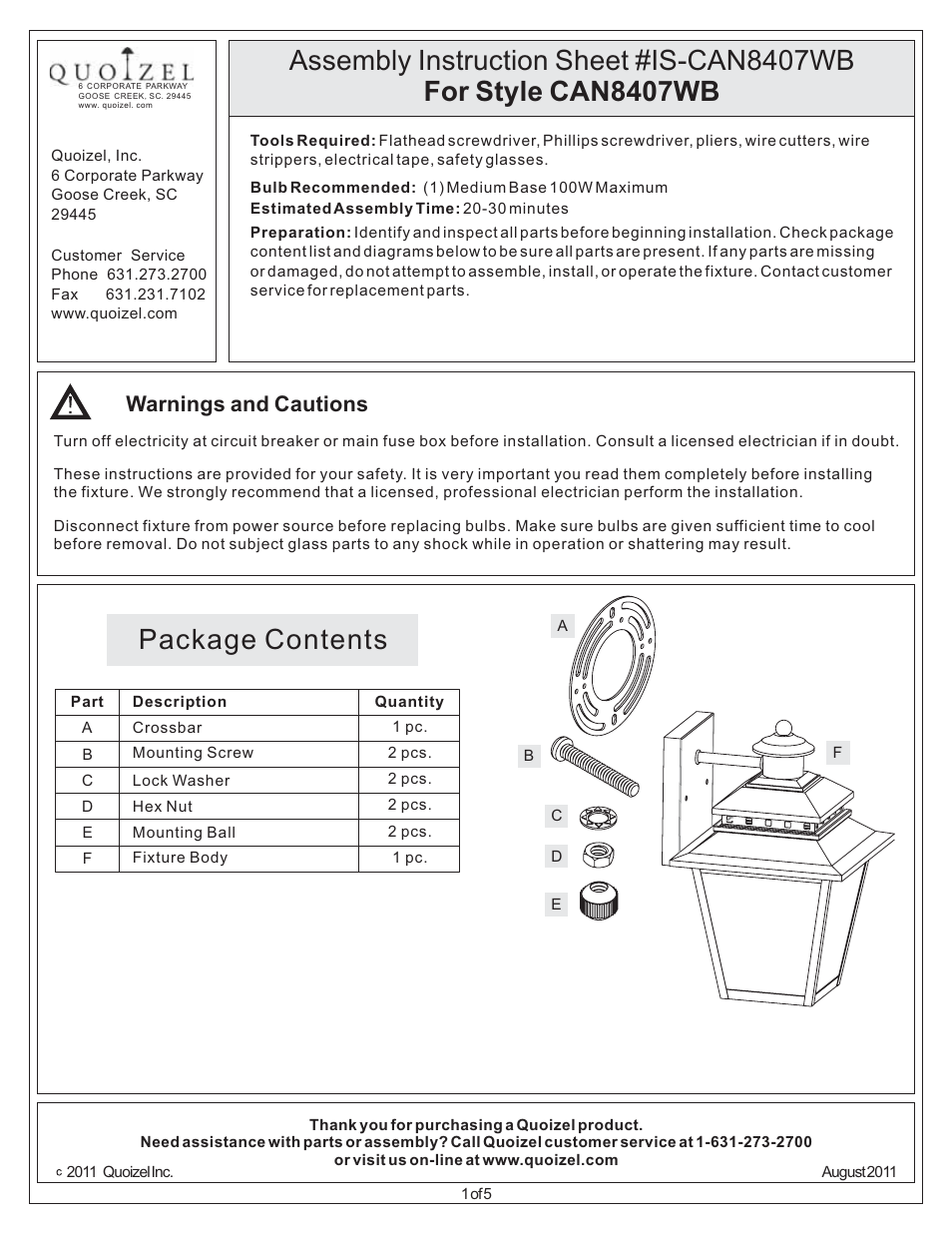 Quoizel CAN8407WB Carson User Manual | 5 pages