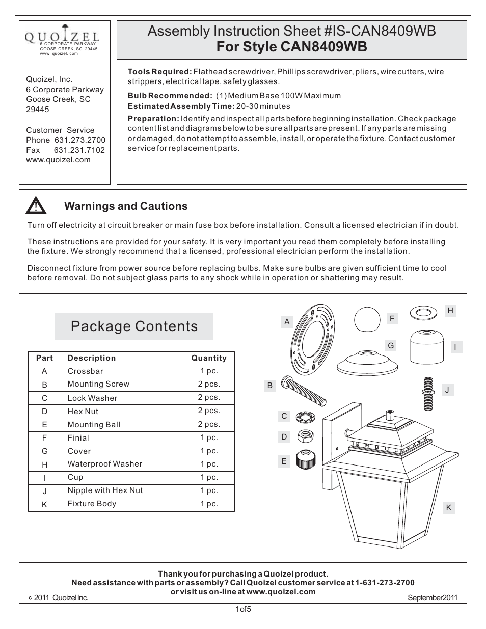 Quoizel CAN8409WB Carson User Manual | 5 pages