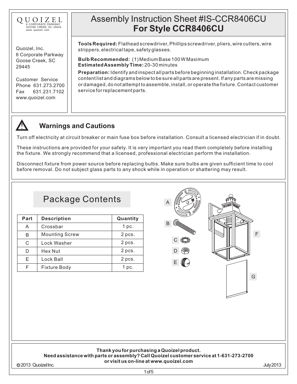 Quoizel CCR8406CU Chancellor User Manual | 5 pages