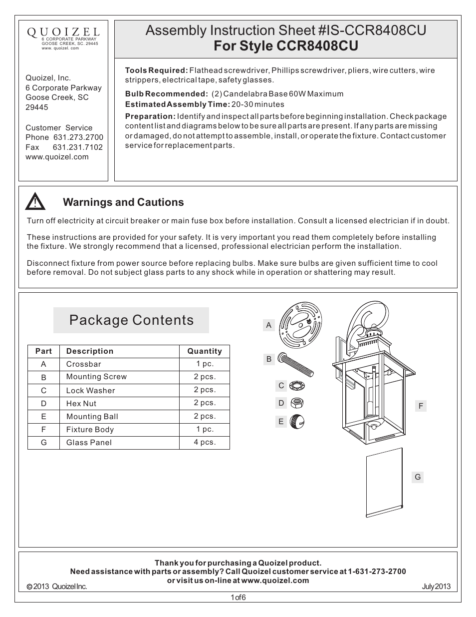 Quoizel CCR8408CU Chancellor User Manual | 6 pages