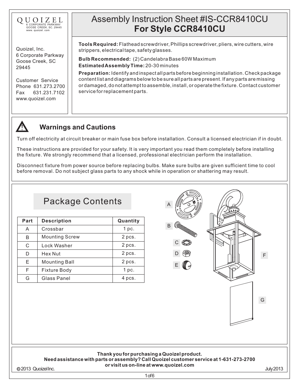 Quoizel CCR8410CU Chancellor User Manual | 6 pages