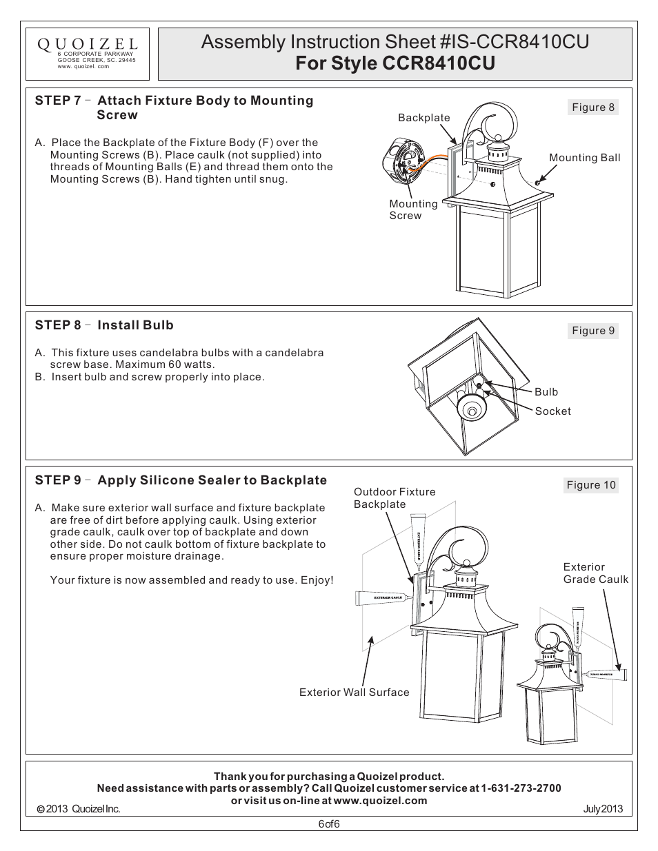 Quoizel CCR8410CU Chancellor User Manual | Page 6 / 6