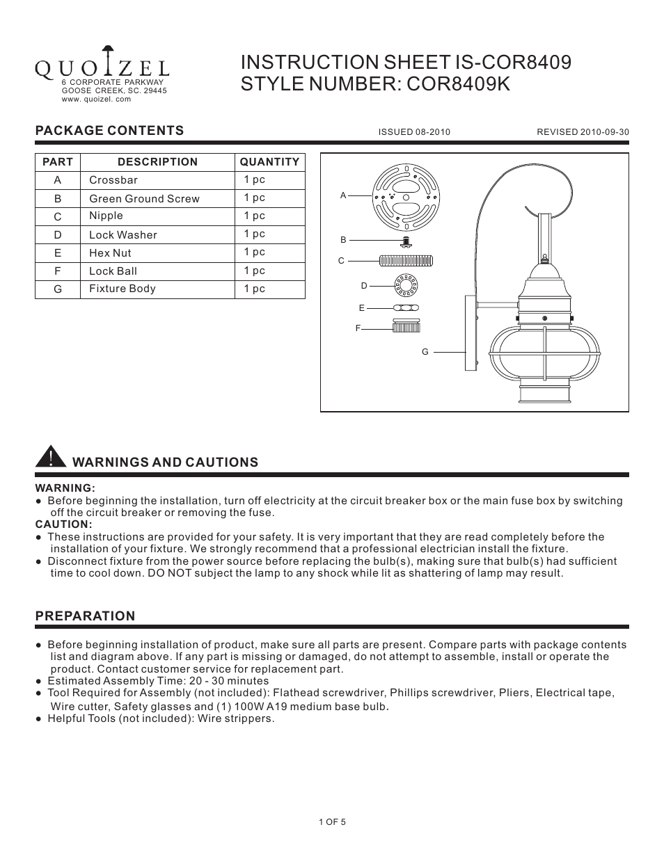 Quoizel COR8409K Cooper User Manual | 5 pages