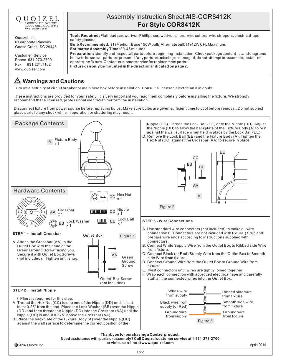 Quoizel COR8412K Cooper User Manual | 2 pages