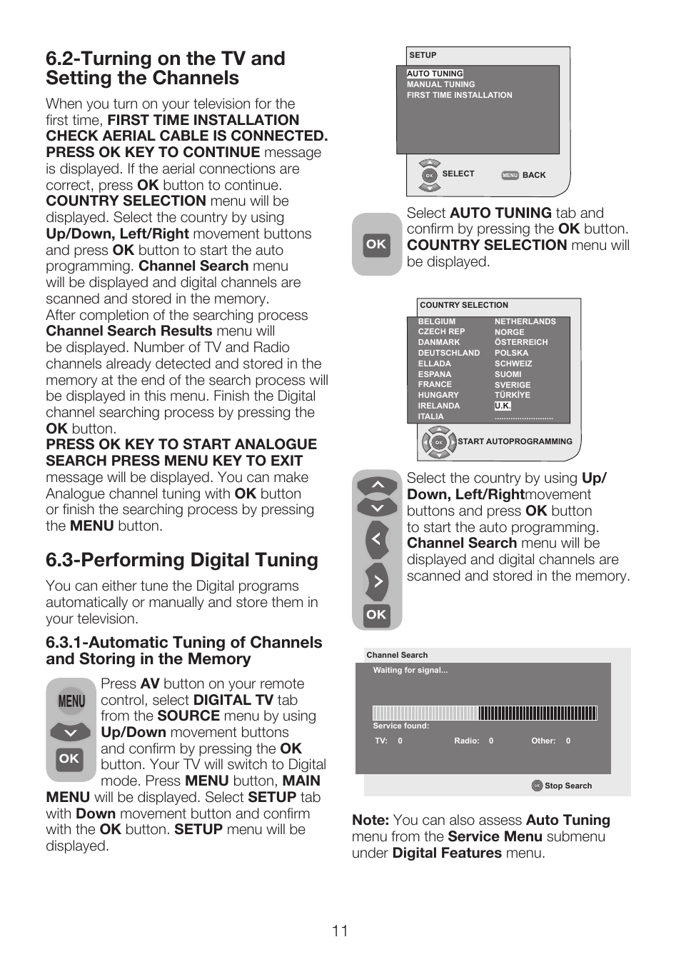 Turning on the tv and setting the channels, Performing digital tuning | Beko 40WLU530HID User Manual | Page 13 / 36