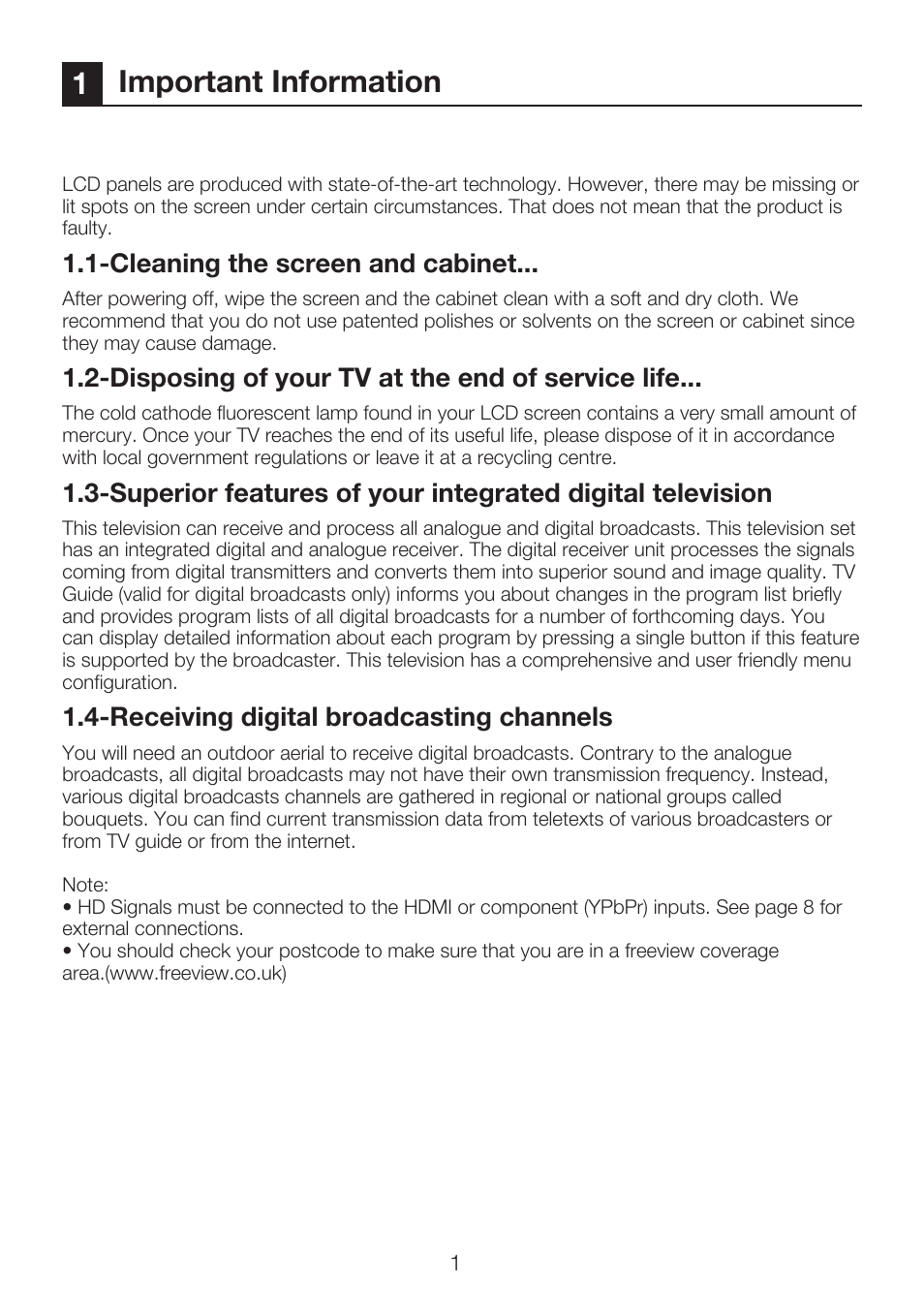 1important information, Cleaning the screen and cabinet, Disposing of your tv at the end of service life | Receiving digital broadcasting channels | Beko 40WLU530HID User Manual | Page 3 / 36