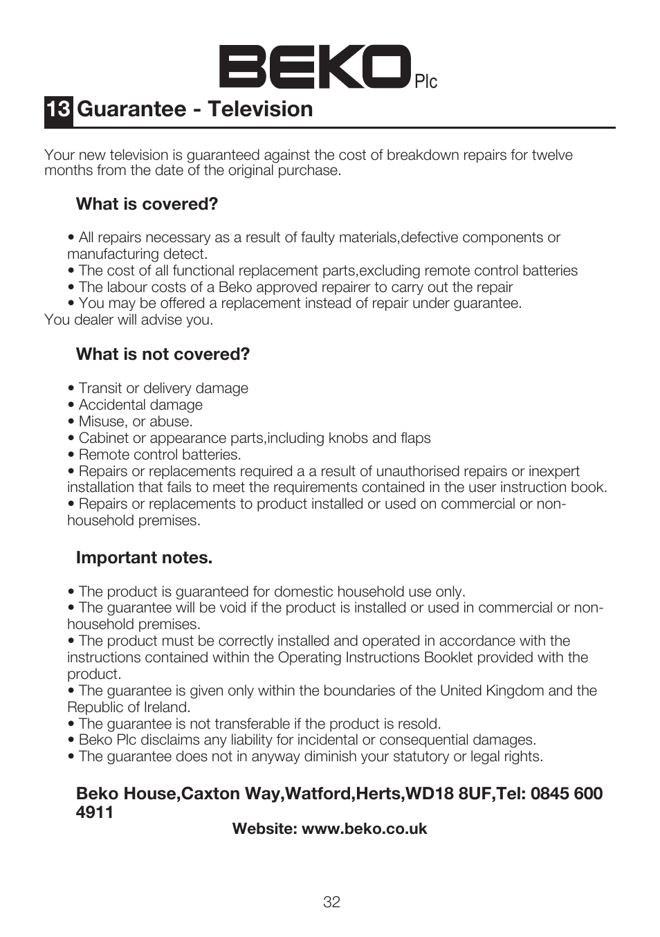 13 guarantee - television | Beko 40WLU530HID User Manual | Page 34 / 36