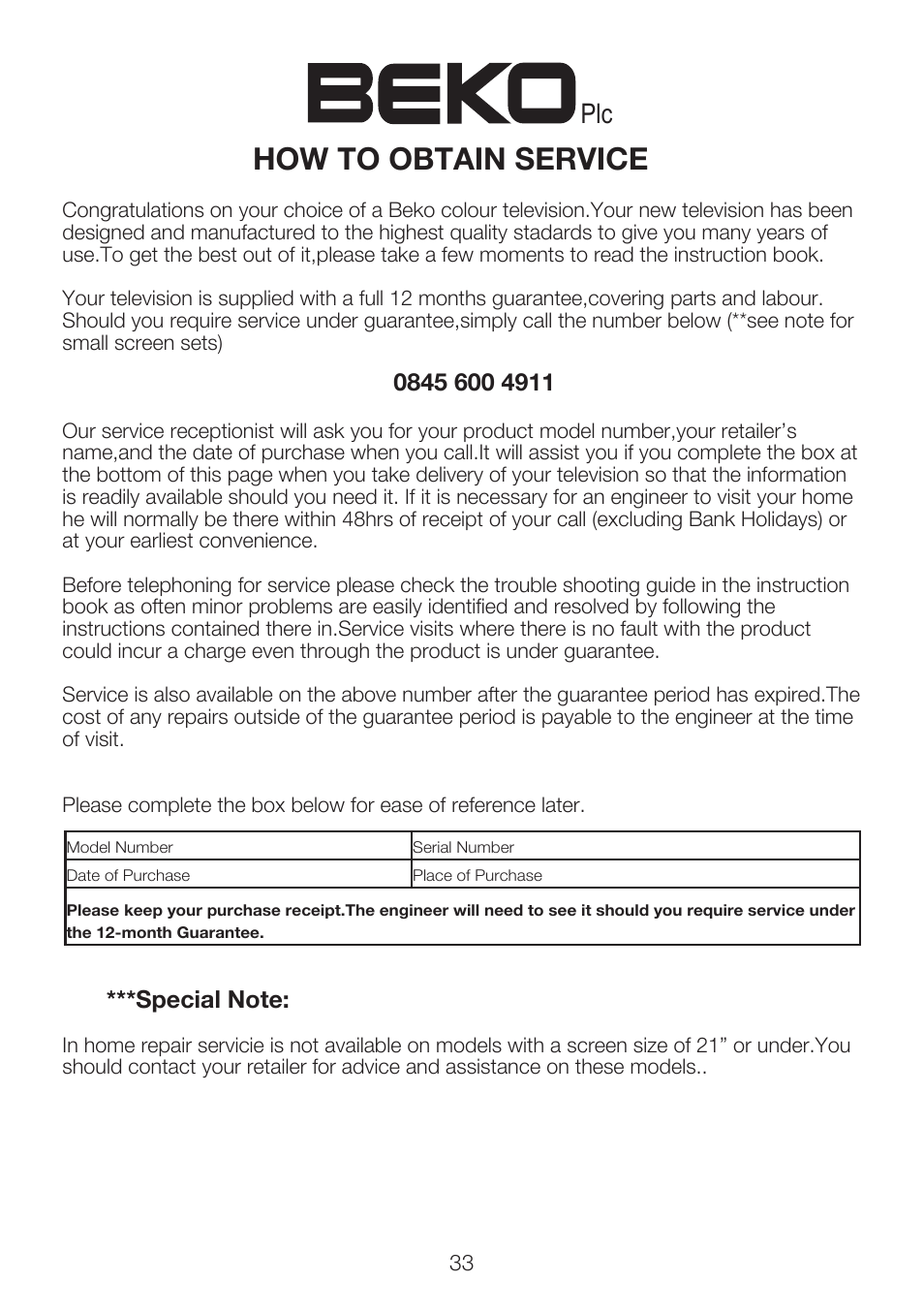 13 how to obtain service | Beko 40WLU530HID User Manual | Page 35 / 36