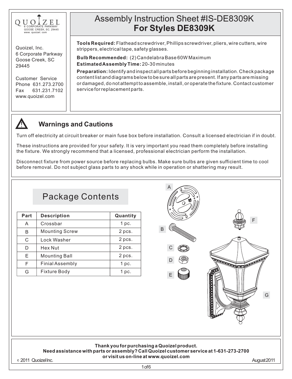 Quoizel DE8309K Devon User Manual | 6 pages