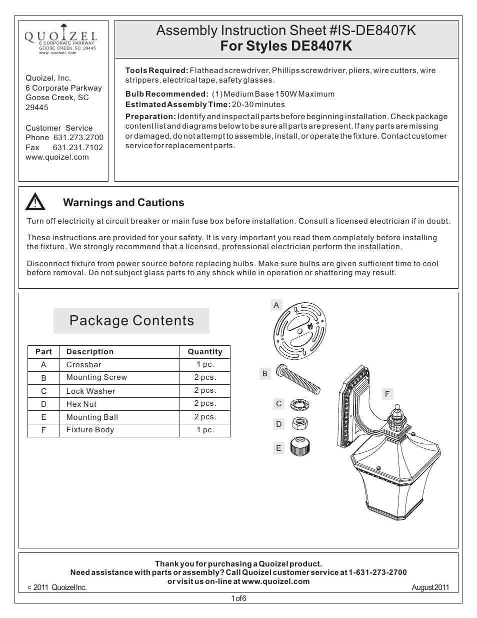 Quoizel DE8407K Devon User Manual | 6 pages