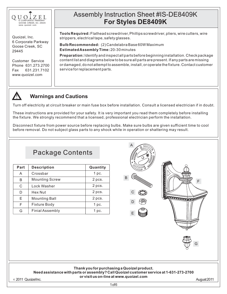 Quoizel DE8409K Devon User Manual | 6 pages