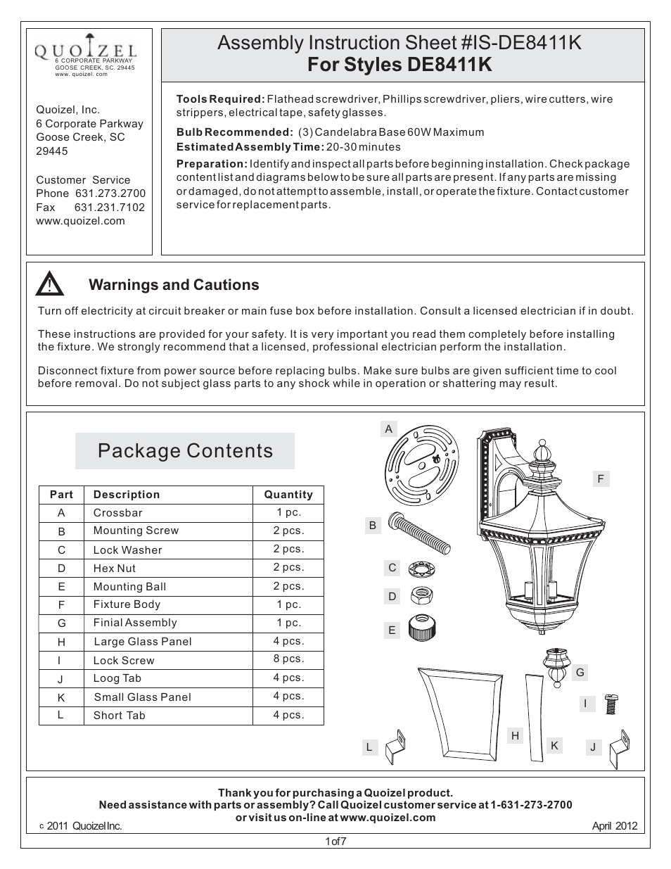 Quoizel DE8411K Devon User Manual | 7 pages