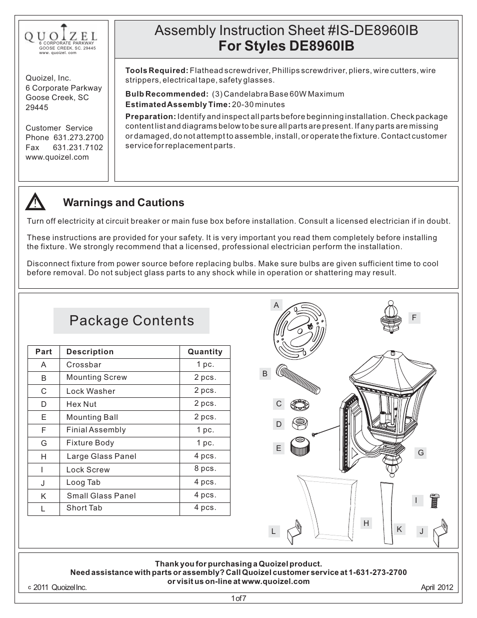 Quoizel DE8960IB Devon User Manual | 7 pages