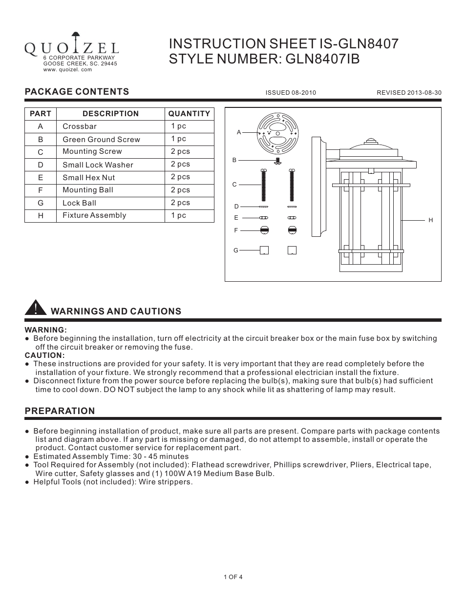 Quoizel GLN8407IB Galen User Manual | 4 pages