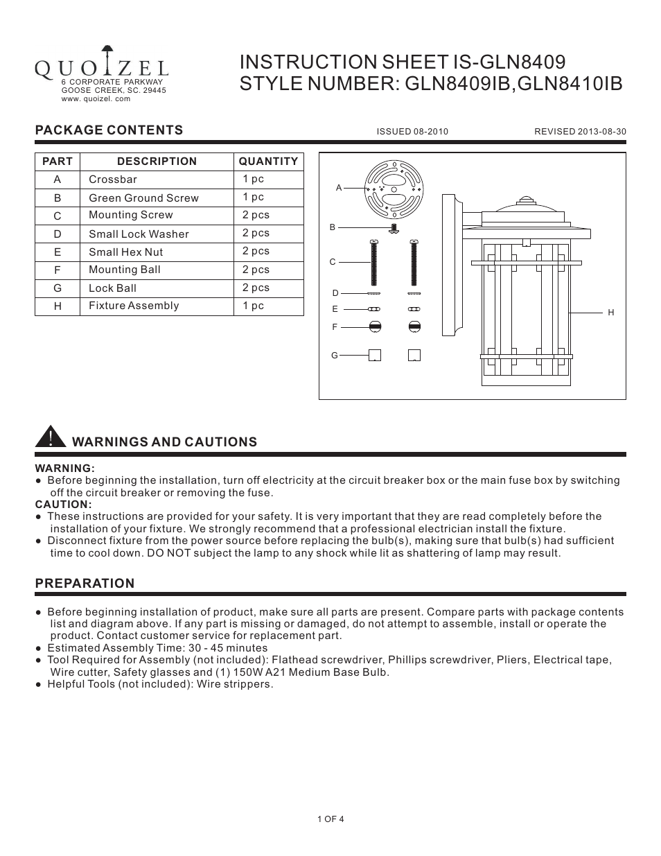 Quoizel GLN8410IB Galen User Manual | 4 pages