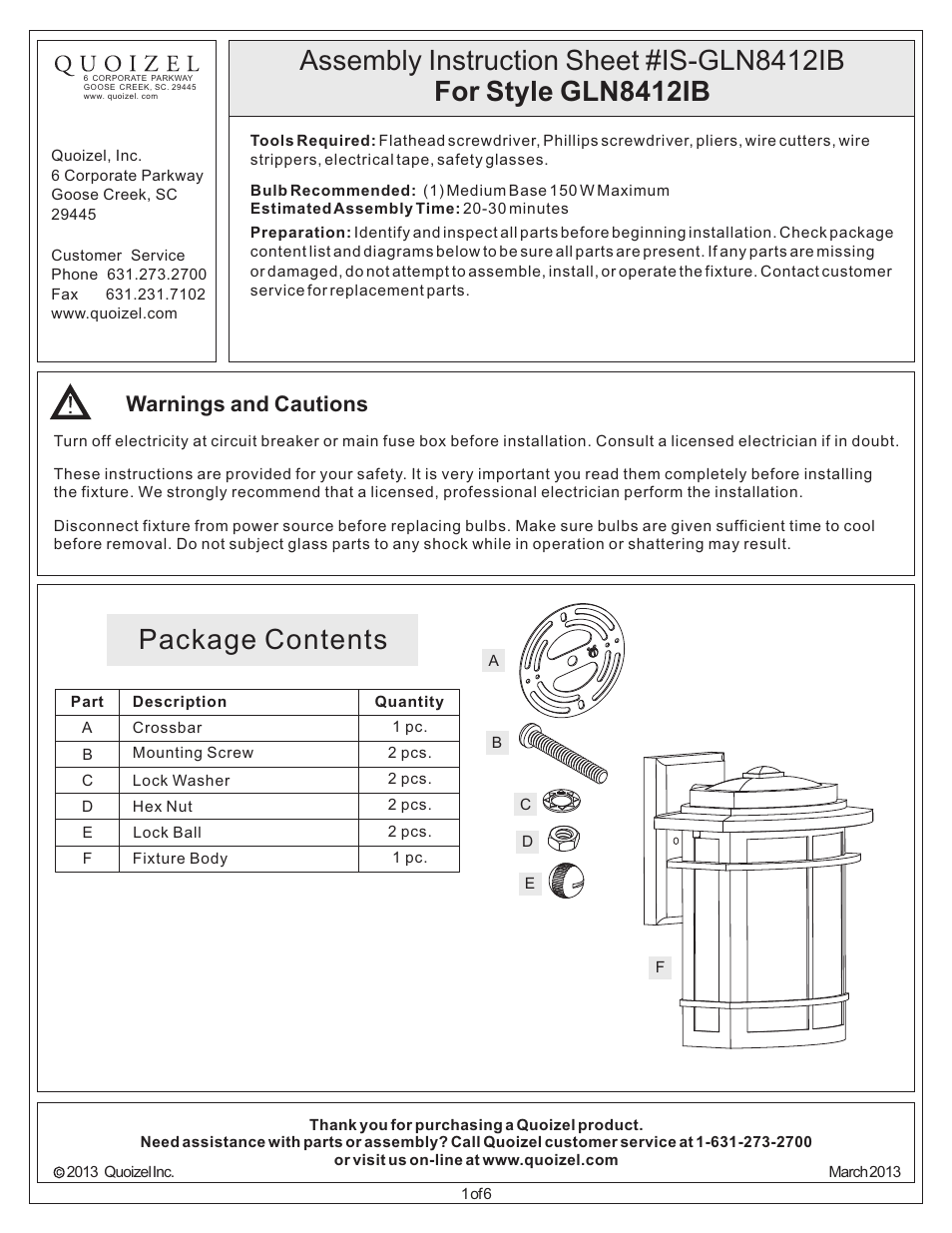 Quoizel GLN8412IB Galen User Manual | 6 pages