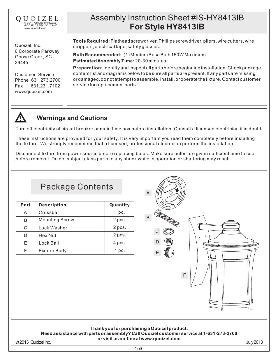 Quoizel HY8413IB Harmony User Manual | 6 pages