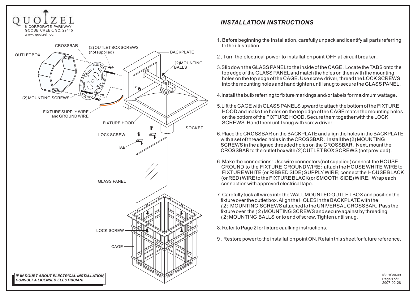 Quoizel HCE8409IB Hillcrest User Manual | 2 pages