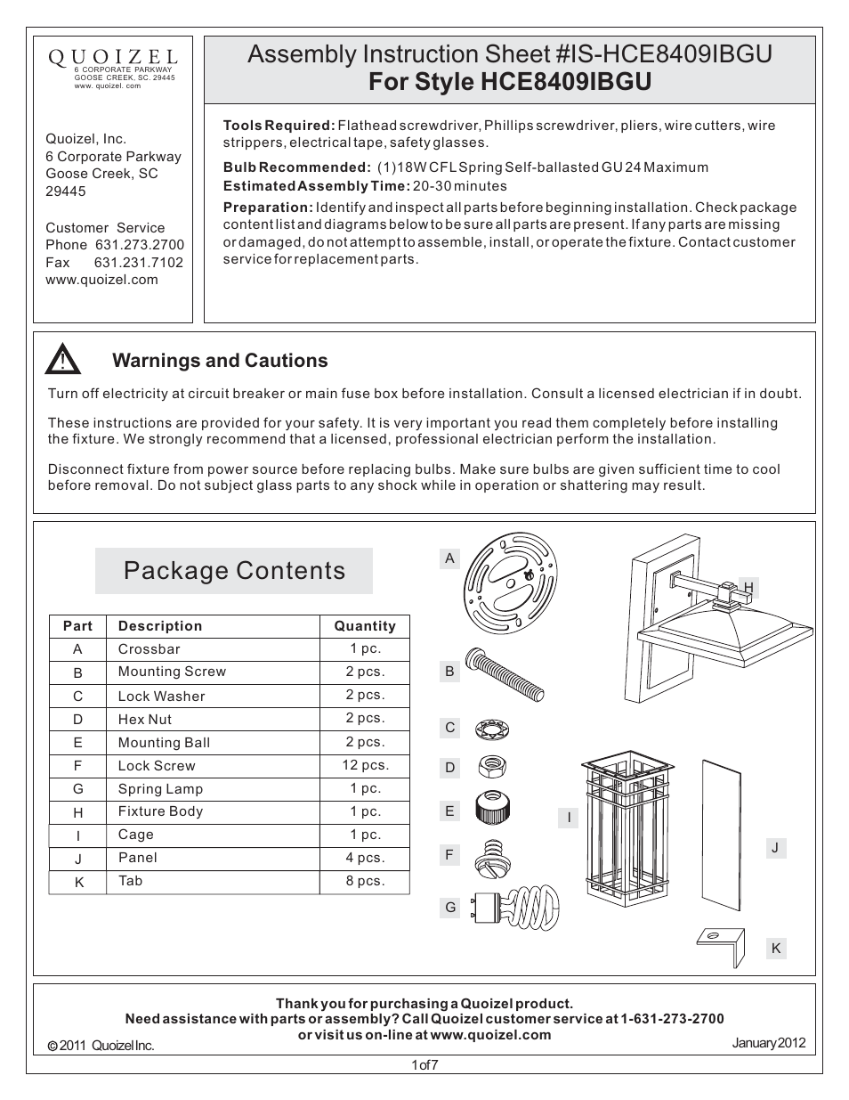 Quoizel HCE8509IBFL Hillcrest User Manual | 7 pages