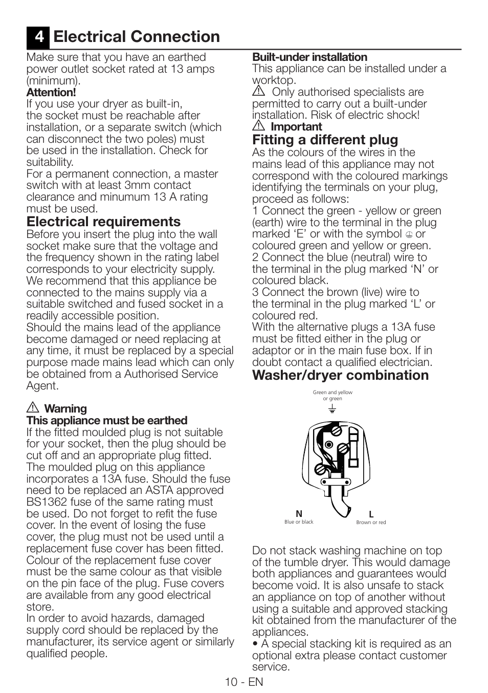 4electrical connection, Electrical requirements, Fitting a different plug | Washer/dryer combination | Beko DRVS 62 S User Manual | Page 10 / 28