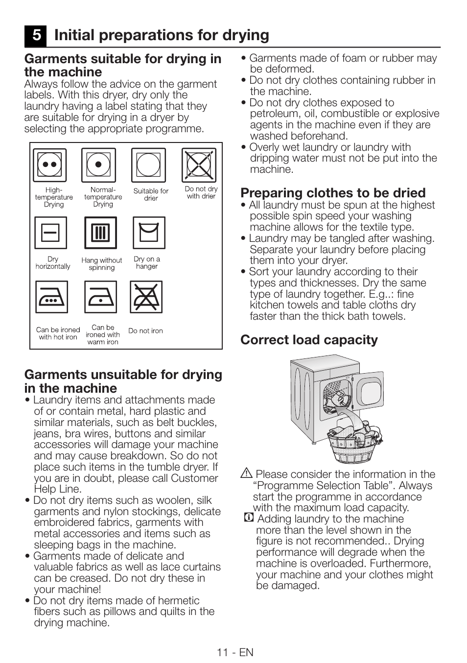 5initial preparations for drying | Beko DRVS 62 S User Manual | Page 11 / 28