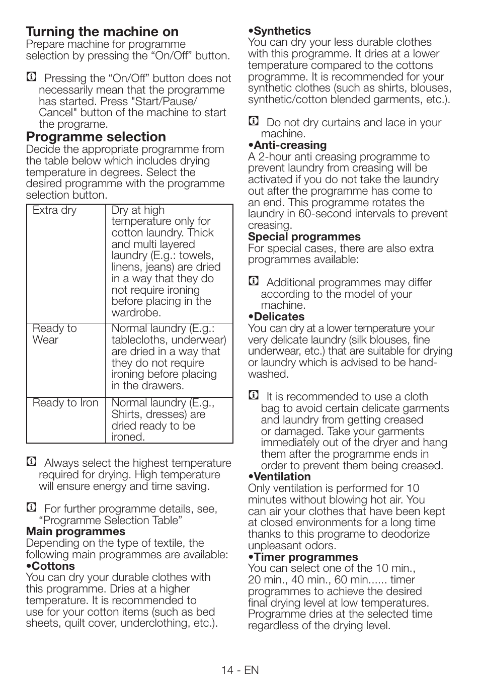 Turning the machine on, Programme selection | Beko DRVS 62 S User Manual | Page 14 / 28