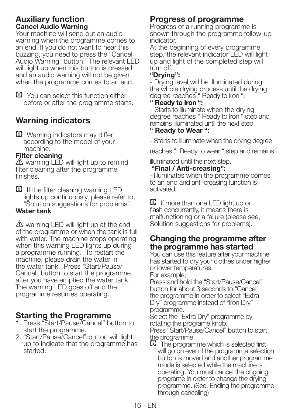 Auxiliary function, Warning indicators c, Starting the programme | Progress of programme | Beko DRVS 62 S User Manual | Page 16 / 28