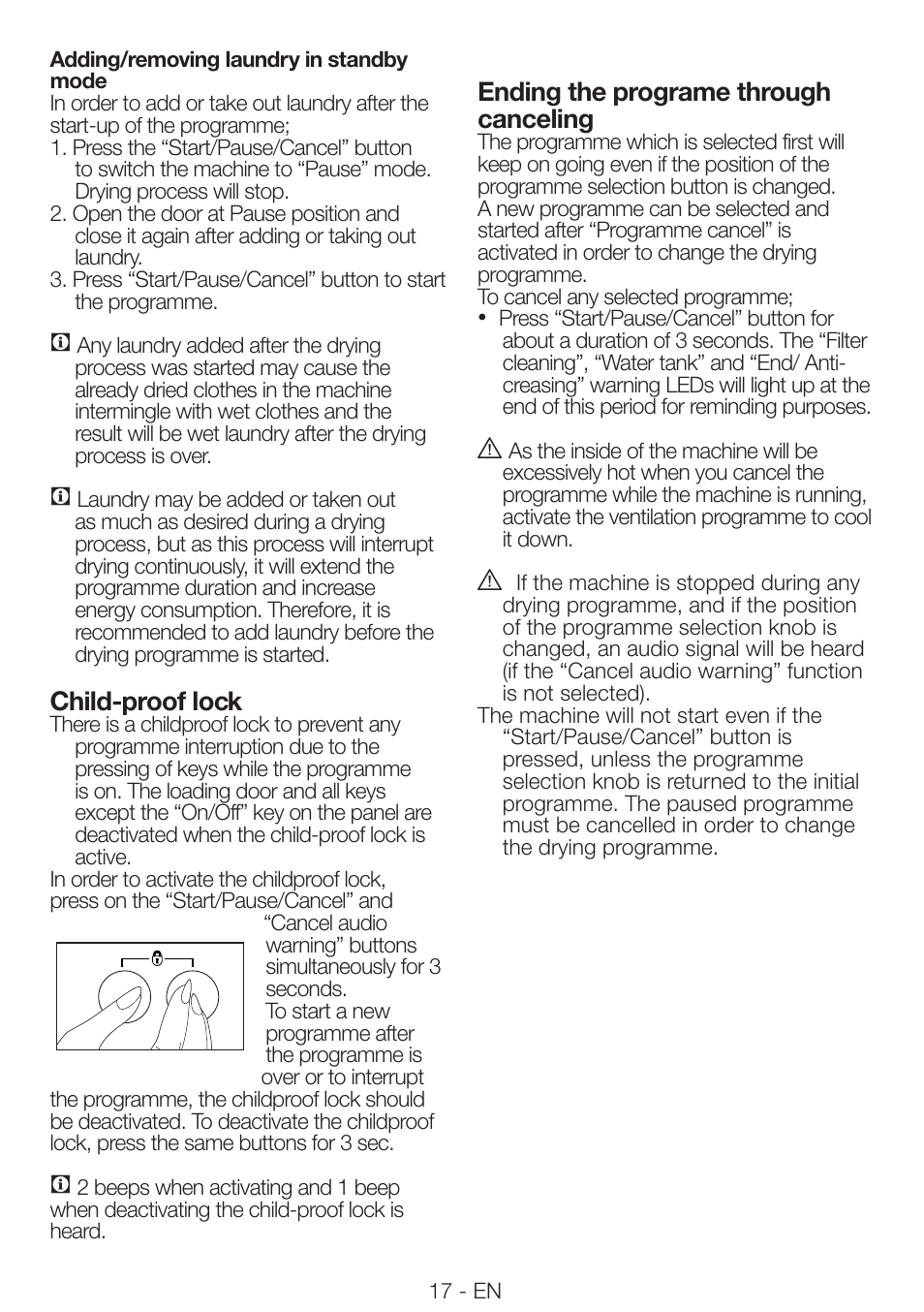 Ending the programe through canceling, Child-proof lock | Beko DRVS 62 S User Manual | Page 17 / 28