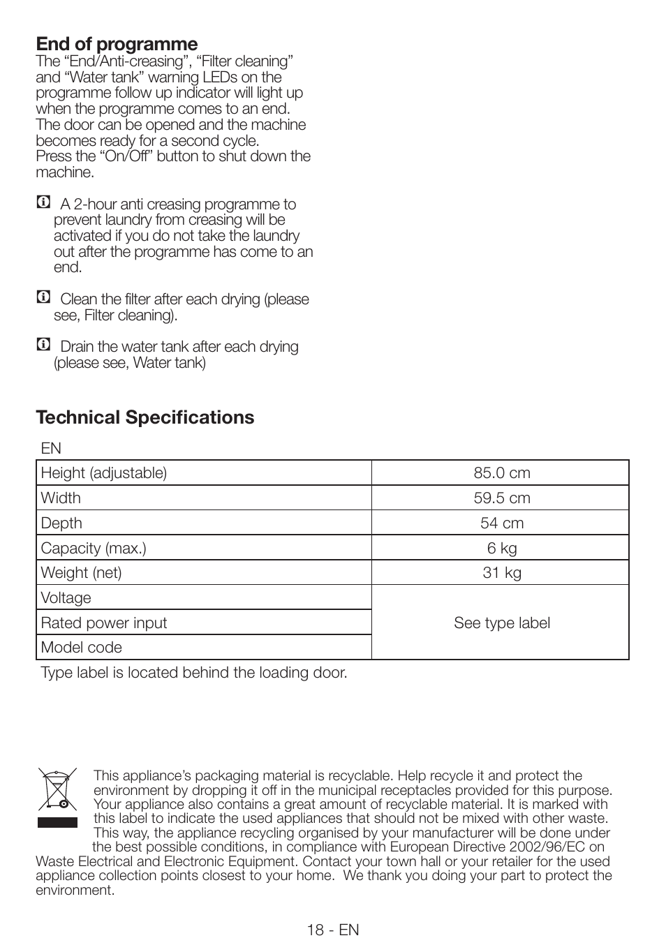 End of programme, Technical specifications | Beko DRVS 62 S User Manual | Page 18 / 28