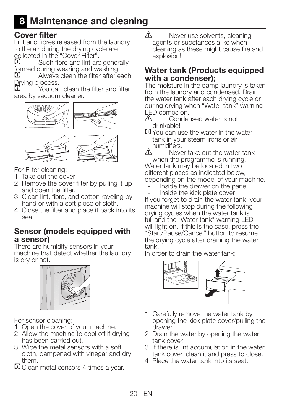 8maintenance and cleaning, Water tank (products equipped with a condenser), Cover filter | Sensor (models equipped with a sensor) | Beko DRVS 62 S User Manual | Page 20 / 28